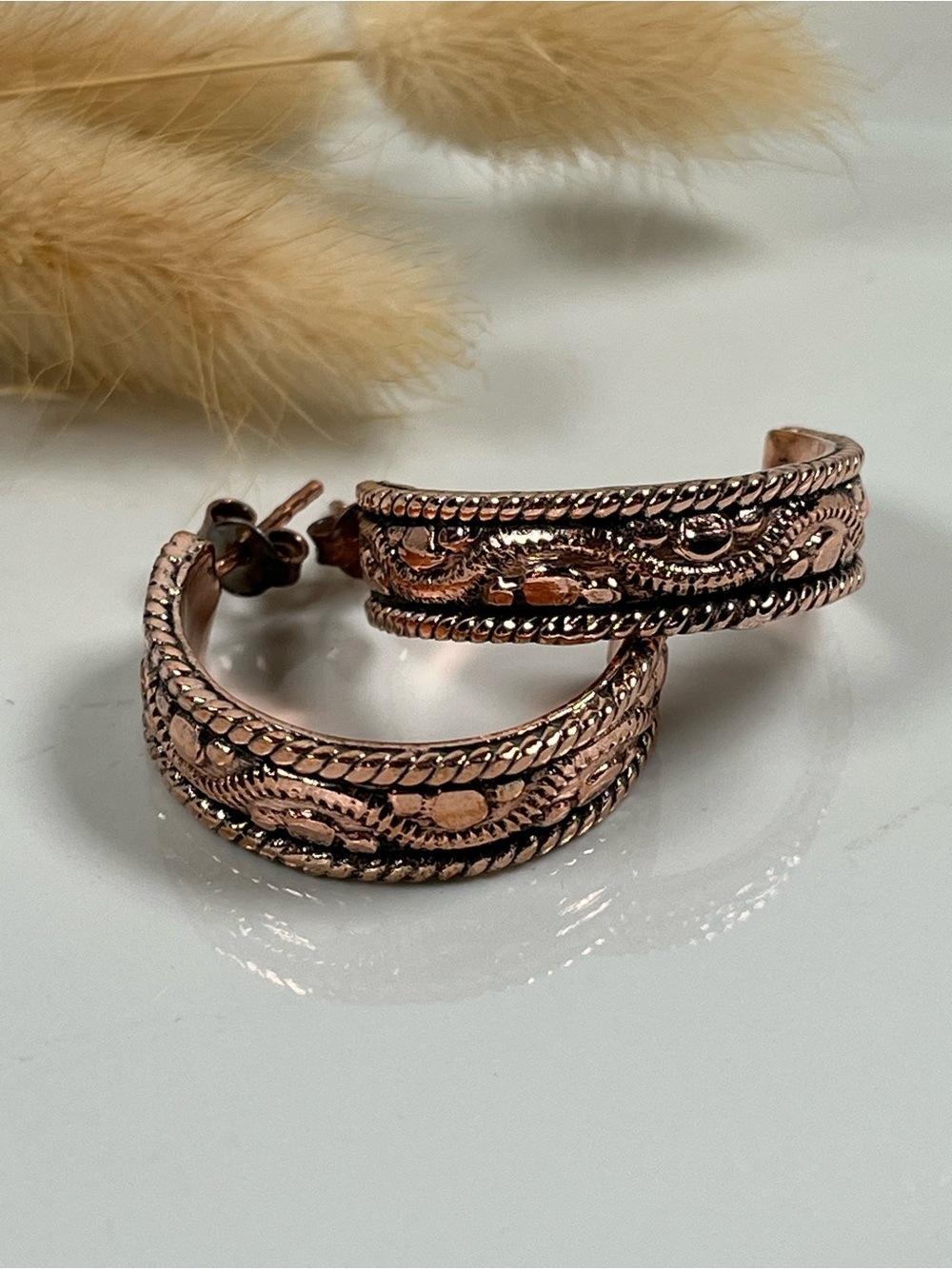 Solid Copper Stamped Post Back Hoop Earrings